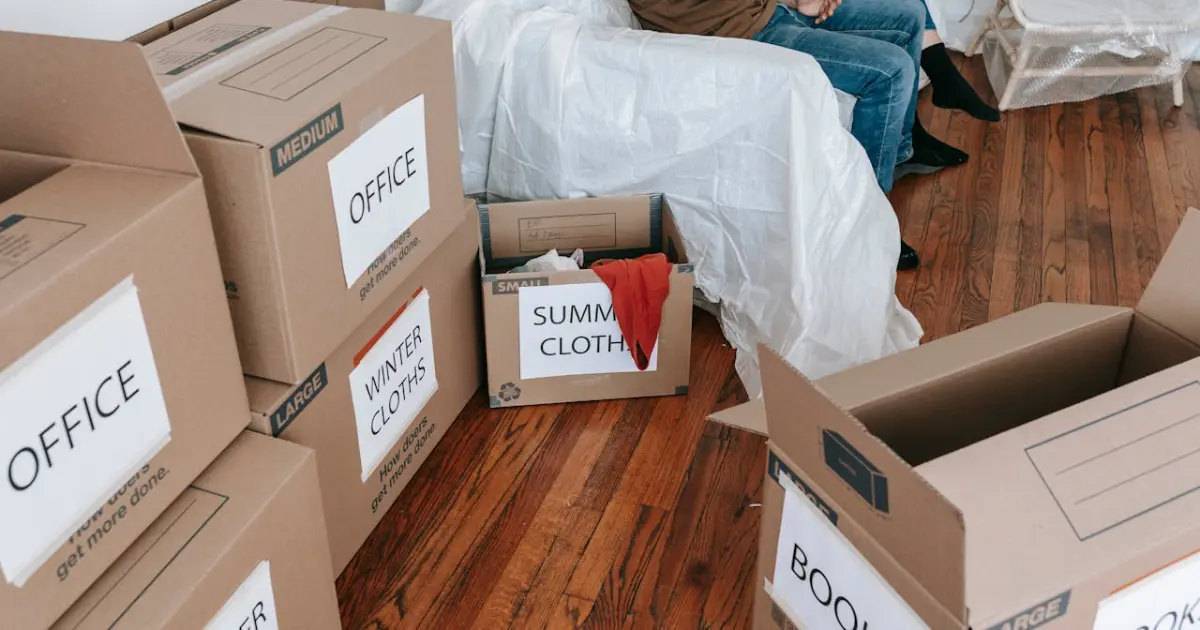 moving boxes labeled on a room by room basis